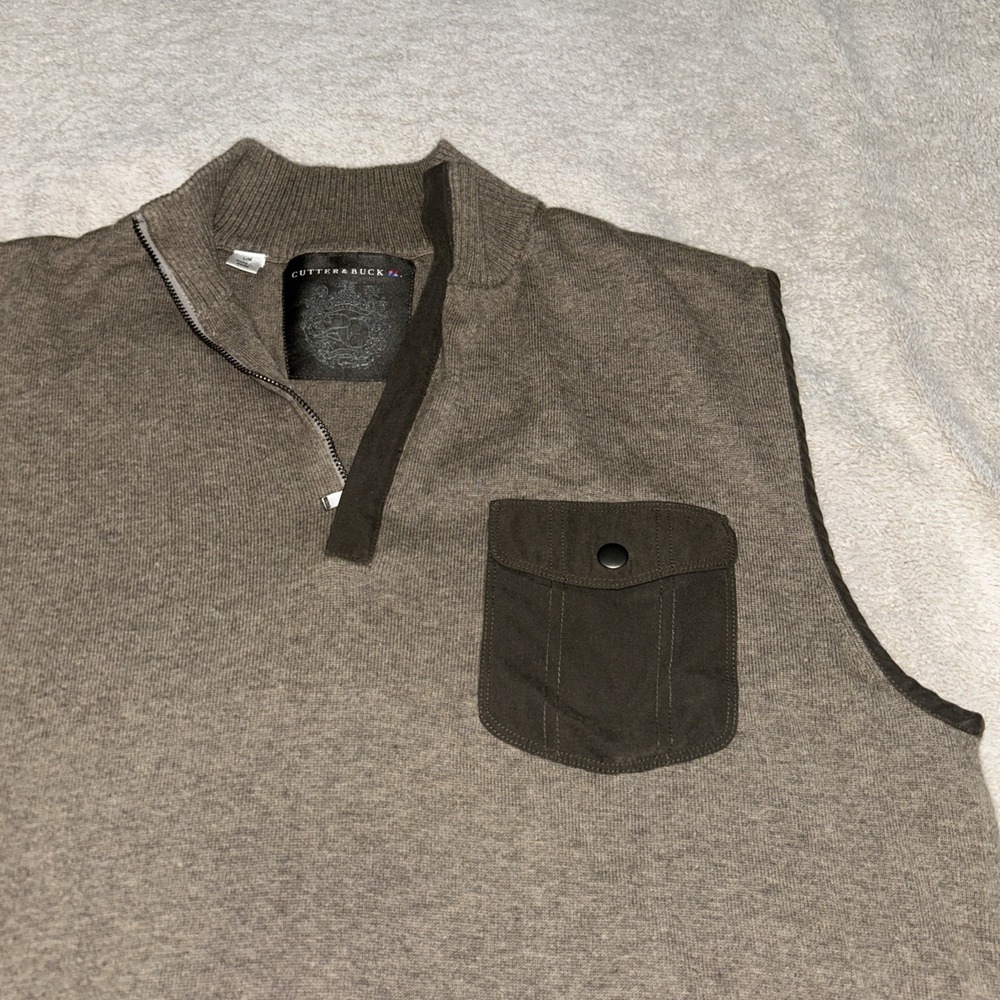 Cutter & Buck 1/4 Zip Brown suede Sweater Vest Men's Large Golf‎ Preppy